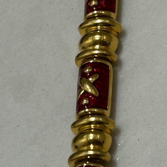 Vintage Joan Rivers Signed Red Enameled Gold Tone X Pattern Link Bracelet - Picture 4 of 9